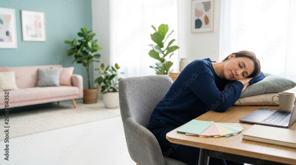 Fototapeta premium Marketing strategist napping at desk in bright creative studio
