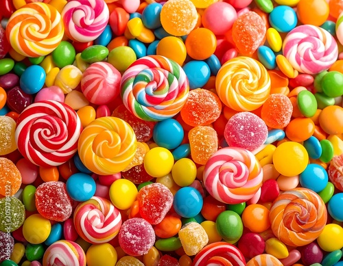 Colorful candy assortment fills the frame.  A vibrant mix of lollipops, hard candies, and gummy candies in a rainbow of hues.  Sweet treats close-up