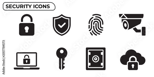 Modern security icons set featuring lock, fingerprint