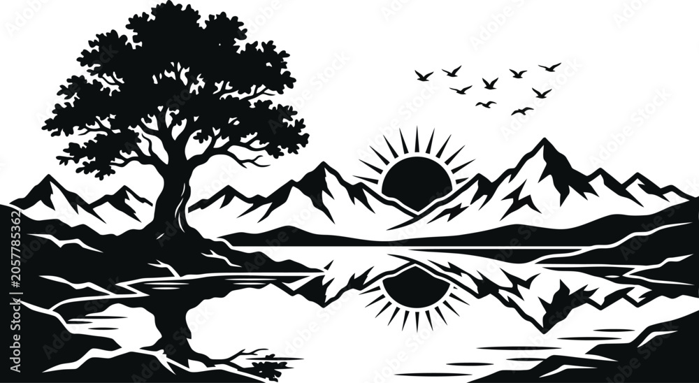 Fototapeta premium Black and white tree with mountains and sunset reflection in calm water