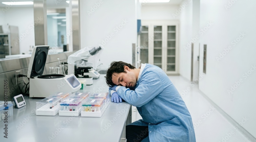 Obraz premium Tired laboratory technician sleeping at workbench in clinical lab