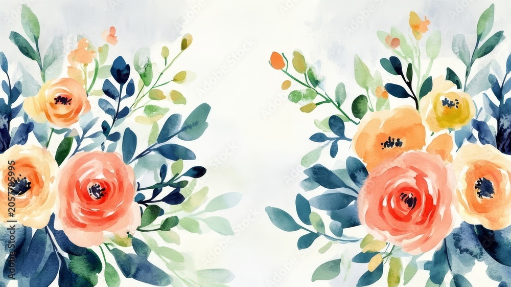Fototapeta premium Elegant watercolor floral border with peach and yellow roses and blue foliage illustration for wedding invitation stationery design.