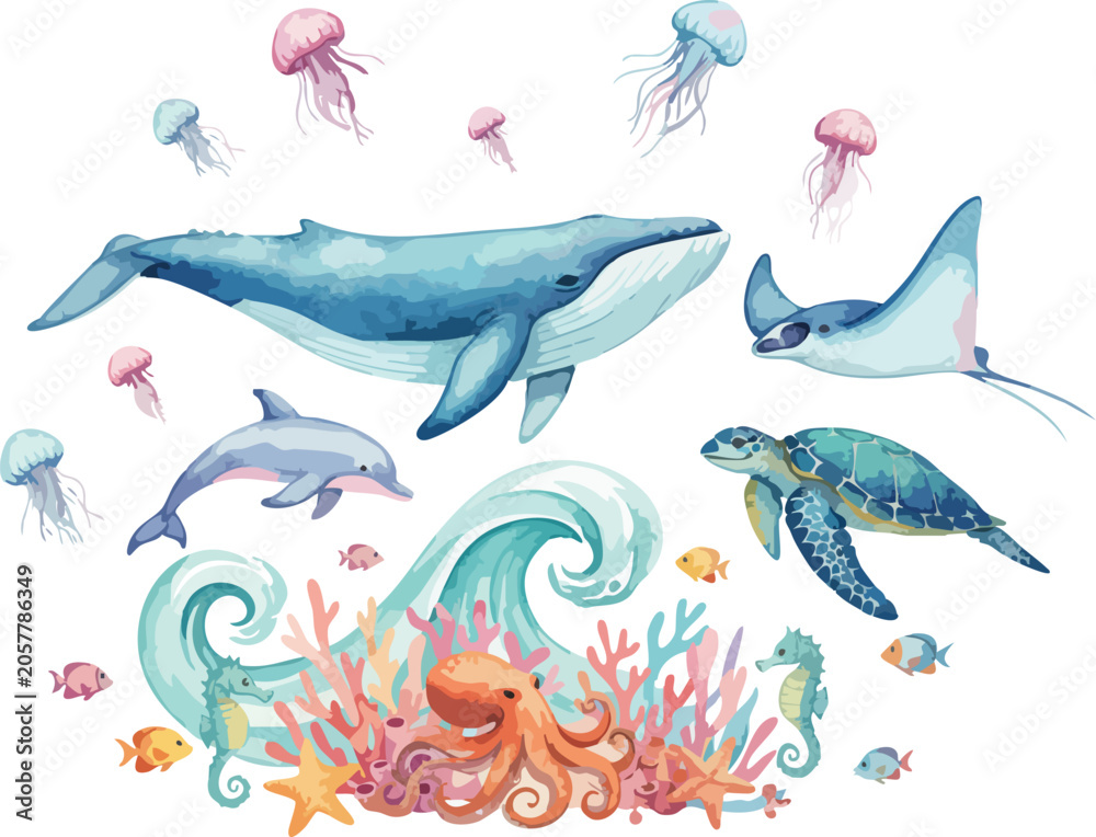 Fototapeta premium Watercolor Sea Creatures Collection Aquatic Animals Vector Pack