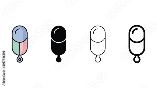 Foto Four colorful and black line icons of pacifiers on white background