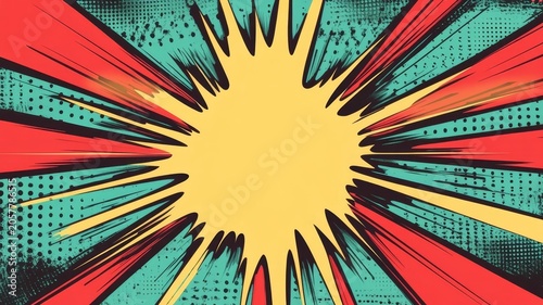 Retro comic book explosion background with vintage pop art style sunburst pattern and halftone texture for vibrant graphic design projects.