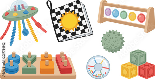 Billede på lærred Educational Sensory Baby Toys Vector Illustration Set with Shape Sorter, Soft Bo