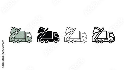 Foto Four different colored garbage truck icons in a row on white background