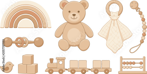 Schilderij op canvas Eco Friendly Wooden Baby Toys Vector Set Featuring Teddy Bear, Rainbow Stacker,