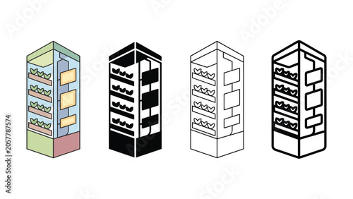 Obraz na płótnie Four different colored illustrations of tall building facades with balconies and