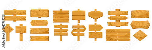 An extensive collection of blank wooden signs, rustic directional arrow indicators, and geometric timber billboards on posts.