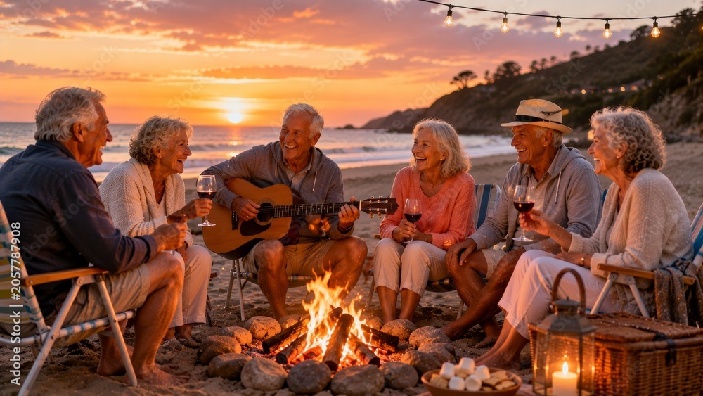 Fototapeta premium Senior friends enjoying a beach bonfire at sunset