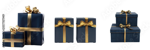 Navy blue gift boxes with gold ribbons - elegant holiday and luxury present mockup
