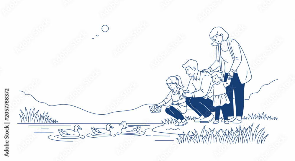 Obraz premium Family feeding ducks by the lake enjoying nature.
