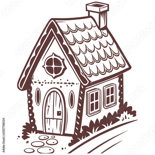Gingerbread house in a grunge vector frame. Christmas cookie house silhouette with a brush stroke border for holiday design