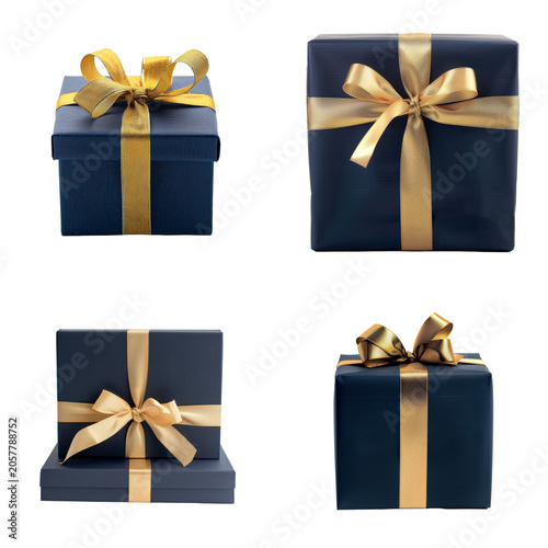 Elegant Dark Blue Gift Boxes with Gold Ribbon Bows on White