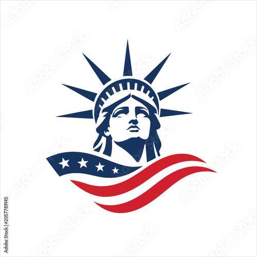 Statue of Liberty Emblem with Crown, Rays, Stars Banner, Patriotic Blue and Red Vector Badge Design Featuring Torch, Halo Sunburst, Wavy Flag Ribbon