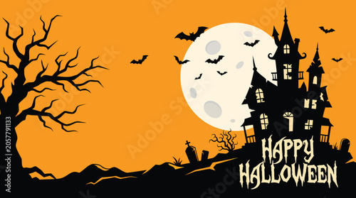 Tablou pe pânză A spooky halloween scene with a haunted house and bats flying around a full moon