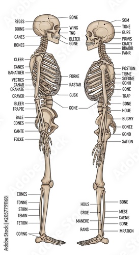 Human skeletal system anatomy diagram front and back views.