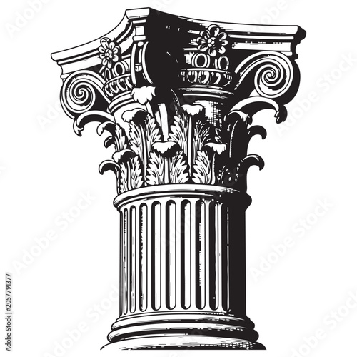 Εκτύπωση καμβά Classical Corinthian column capital illustration with acanthus leaves and floral