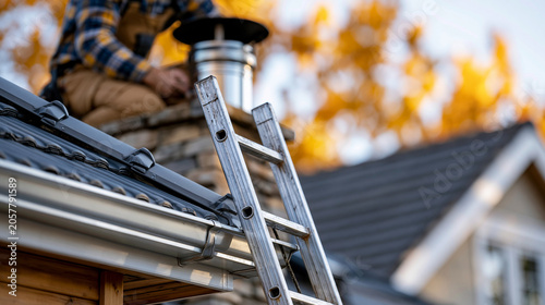 man on a ladder cleaning a chimney on a rooftop, early autumn morning, wide shot