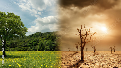 Dramatic climate change contrast nature photo environment side-by-side view survival of ecosystems