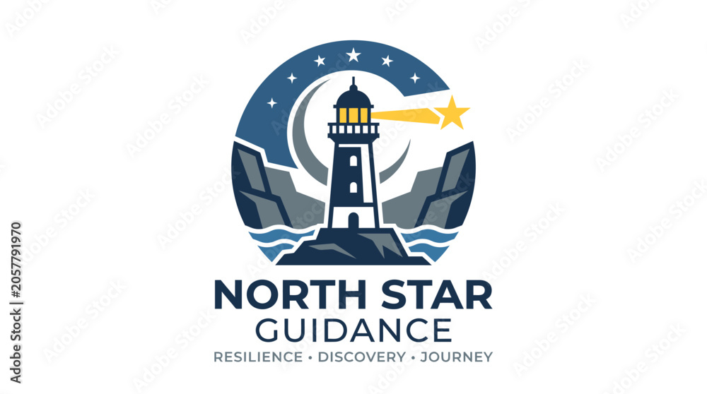 Fototapeta premium Guiding Star Shines Bright on Lighthouse Logo with Wings and Night Sky