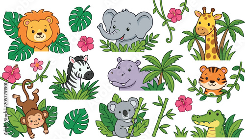 Photography Cute Jungle Animals Vector Set with Lion, Elephant, Giraffe, Tiger, Monkey, and