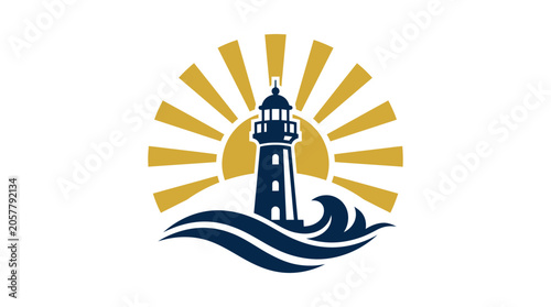 Sunrise over ocean waves with a lighthouse standing tall