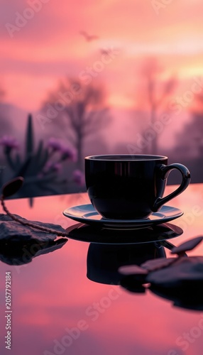 Coffee cup on a table at sunset
