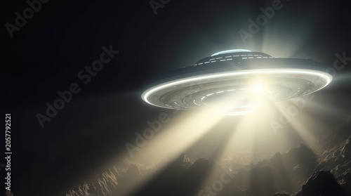 Flying saucer UFO emits intense light beams in the dark sky