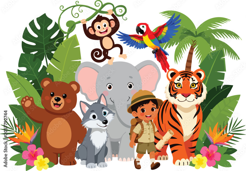 Naklejka premium Cute Cartoon Jungle Animals Collection Vector Illustration Set