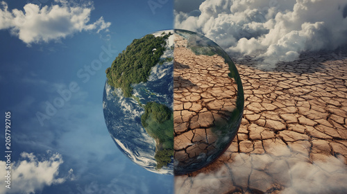 Climate change impact nature transformation global environment digital art split view earth vs. Drought