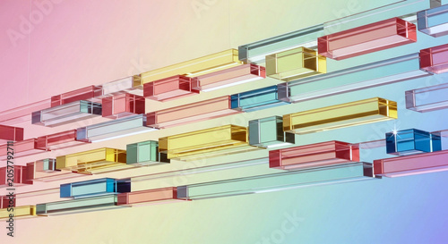 Abstract background with colorful translucent glass rectangular blocks arranged in a dynamic pattern, creating a vibrant gradient effect with light refraction and reflections