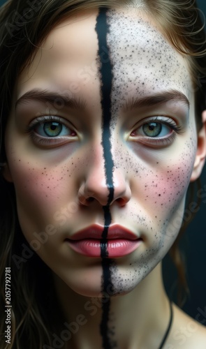 Woman with face divided by black line and makeup