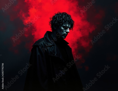 Man in black coat standing in front of red smoke