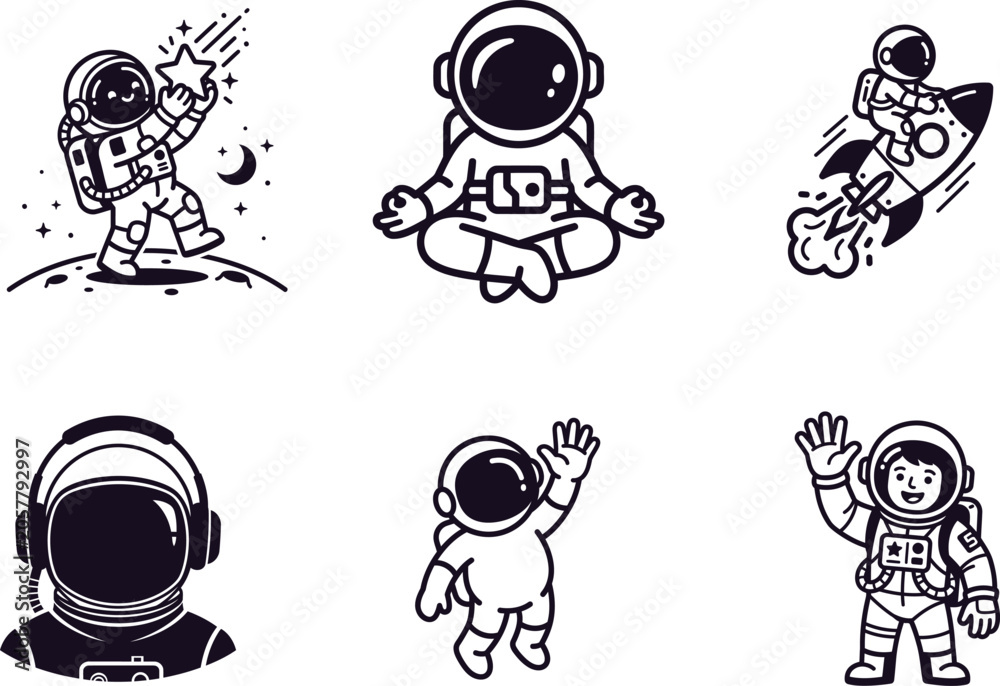 Fototapeta premium Astronauts in various space poses and activities on white background