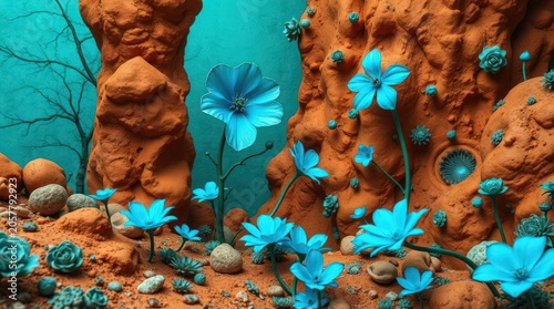 Blue flowers growing on textured terracotta surface with surreal patterns