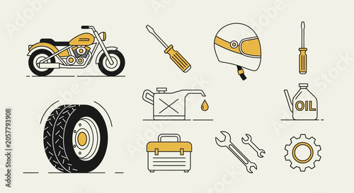 Motorcycle Repair Tools and Icons: Biker Gear, Maintenance, and Symbols