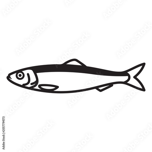 Anchovy fish line art icon minimalist black and white vector illustration for seafood logo and menu design