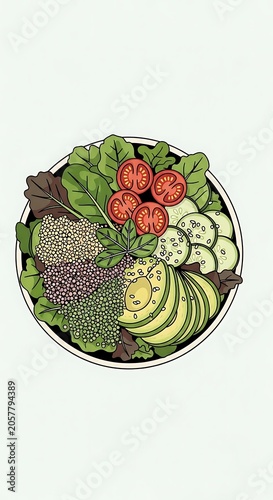 Fresh vegetable salad in metal bowl on green leaves.
