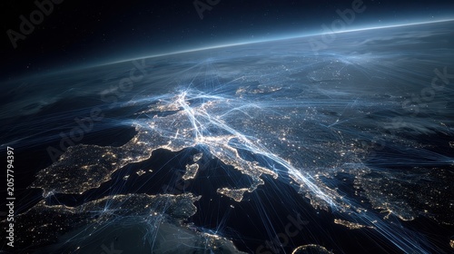 Global Connectivity at Night: An illuminated depiction of Europe from above at night, showcasing a dense network of glowing lines representing air traffic routes and human activity.