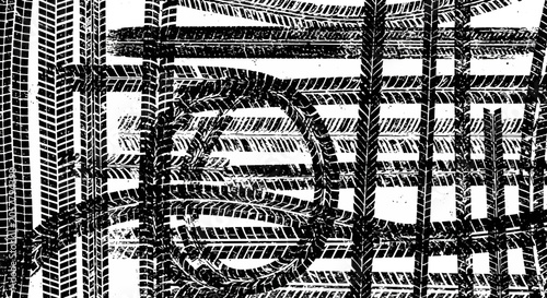 Tire Tracks Overlapping Texture Background Grunge Black and White Abstract