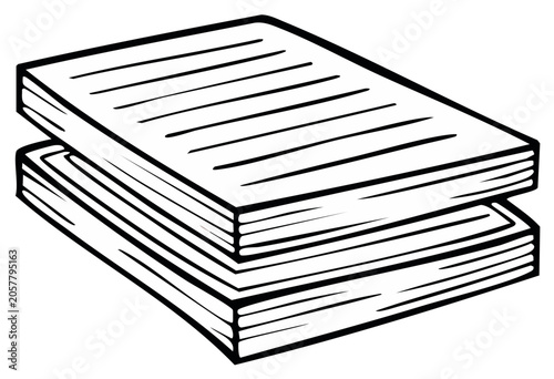 Black and white illustration of a stack of lined paper and blank pages representing documents and data