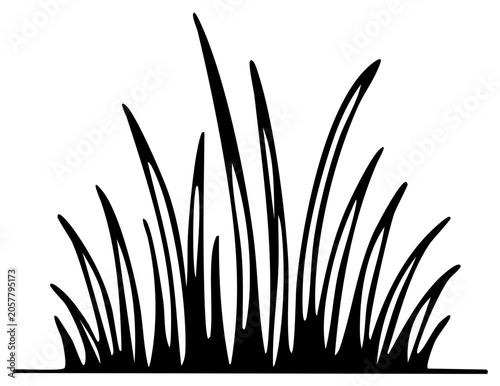 Stylized black and white drawing of a clump of grass reaching upwards against a plain background