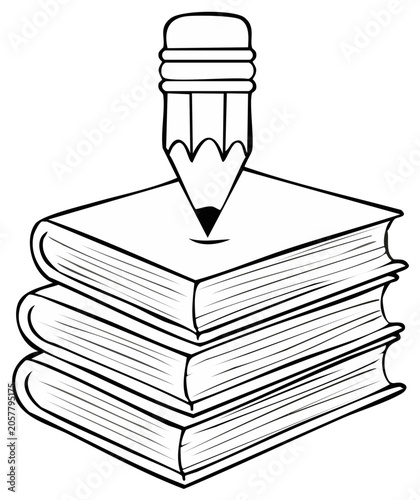 Stack of books with a pencil drawing a line on the top book