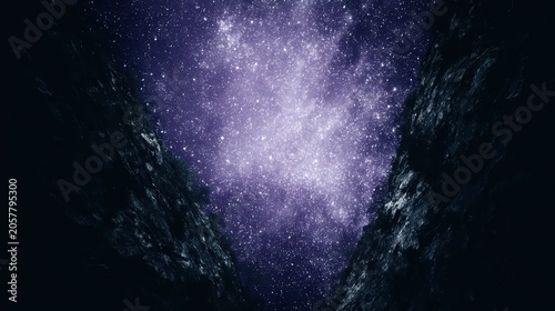 Cosmic Nebula View: A stunning depiction of a vibrant cosmic nebula, a celestial masterpiece glowing with purples and blues, framed by dark, textured rock formations.