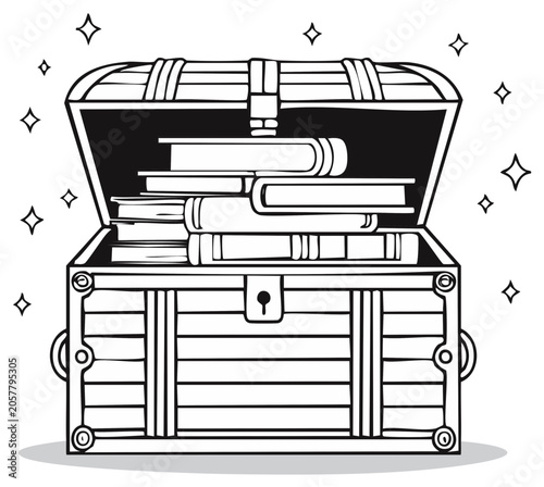 Illustration of an Open Treasure Chest Full of Books with Sparkling Stars Around It in Black and White