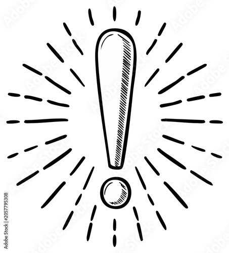 Hand Drawn Exclamation Mark with Shining Sunburst Effect Sketch Doodle Illustration