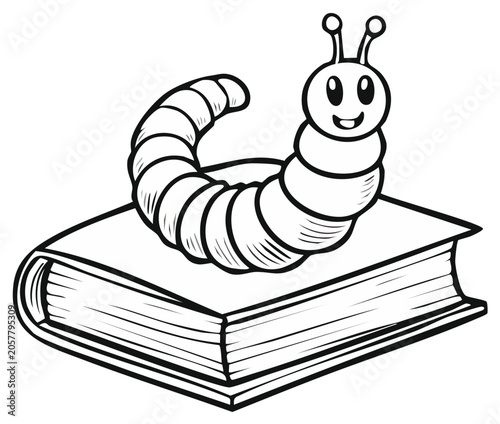 Cartoon caterpillar reading a book, education and learning concept