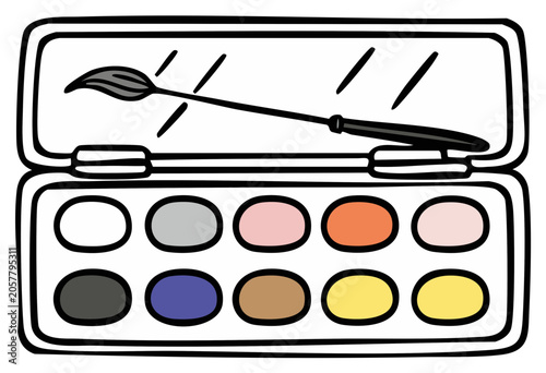 Open watercolor paint box with various color palette and brush flat lay illustration